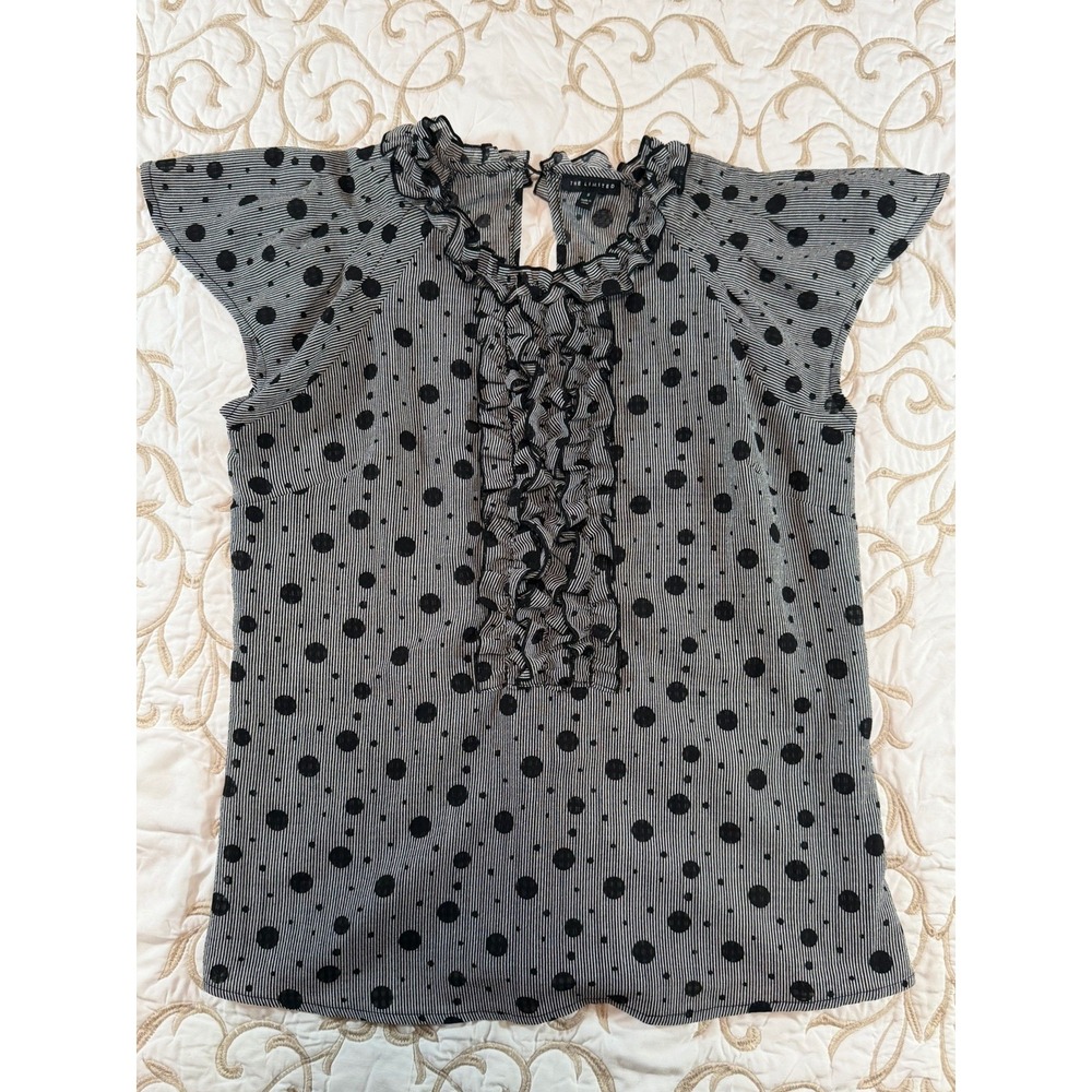 The Limited Womens Small Black White Polka Dot Ruffle Blouse Flutter Sleeve